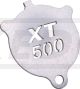 Side Stand Support (shape like oil filter cover SR/XT), 3mm stainless steel with rounded edges, lasered XT lettering