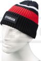 Beanie, black/white/red, knitted stripes with print, one size fits all, 100% cotton
