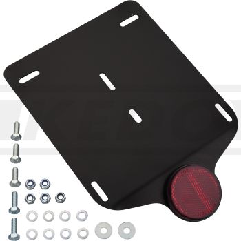 Kennzeichenunterlage für Euro-Kennzeichen mit 18-22cm Breite und 20cm Höhe, mit rundem Reflektor, Aluminium schwarz, inkl. Montagematerial