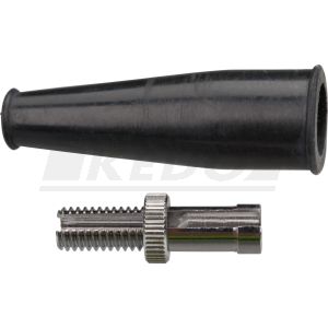 Molette de réglage de cable M8x1.25 avec contre-écrou pour frein ou embrayage, pièce (35mm de long, avec protection caoutchouc, pour gaine diam. max. 6,3mm)