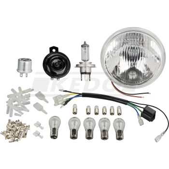 Powerdynamo Supplementary Kit H4 incl. Reflector and Connection Cable Loom, light bulbs, horn, flasher relay, small parts (without battery)