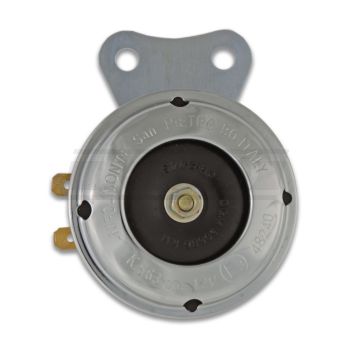 Hupe 12V e-geprüft, 100db, chrom/schwarz, Durchmesser ca. 65mm, Rückseite gelb verzinkt, mit Gummilagerung zwischen Hupe/Halter