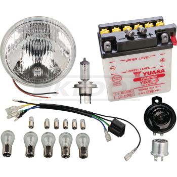 Add-On Kit H4 für Art. 50544 12V Umrüstung (alle 12V Leuchtmittel, YUASA- Batterie, Blinkrelais, Hupe, H4-Kabel, Scheinwerfer-Einsatz + H4-Leuchtmittel)